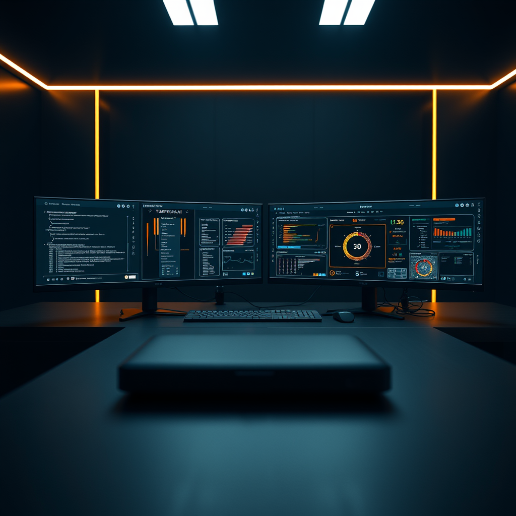 Private command-center desk — dual monitors, gold accent light, dark workstation